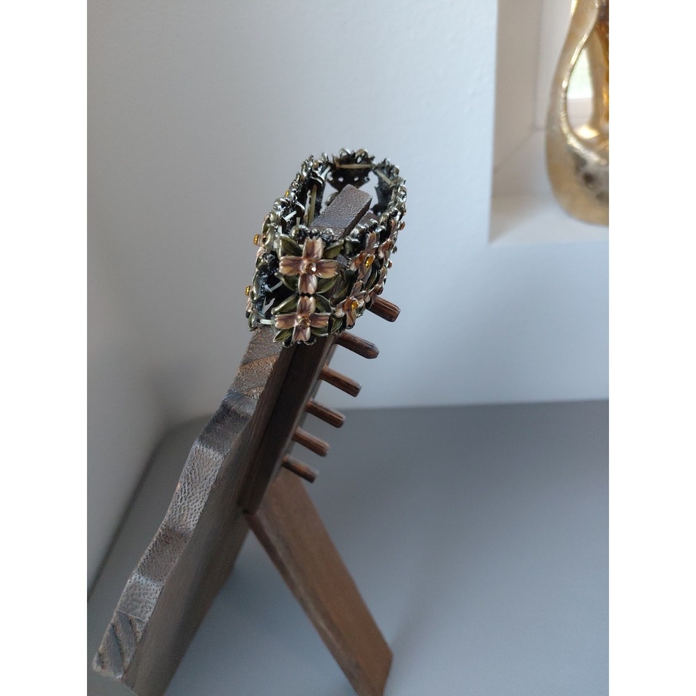 Vintage 1980s Enamel On Bronze Floral Flower Open Panel Link Bracelet Fairy Chic - Picture 5 of 8